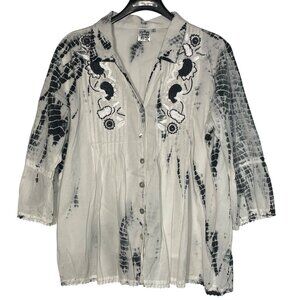 Parsley & Sage Tie Dye Floral Embroidered Mesh Pintuck Button Down Top Sz 1X
